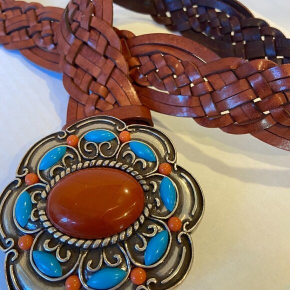 Olga Santini genuine brown leather western belt with large jeweled buckle, M main image 4